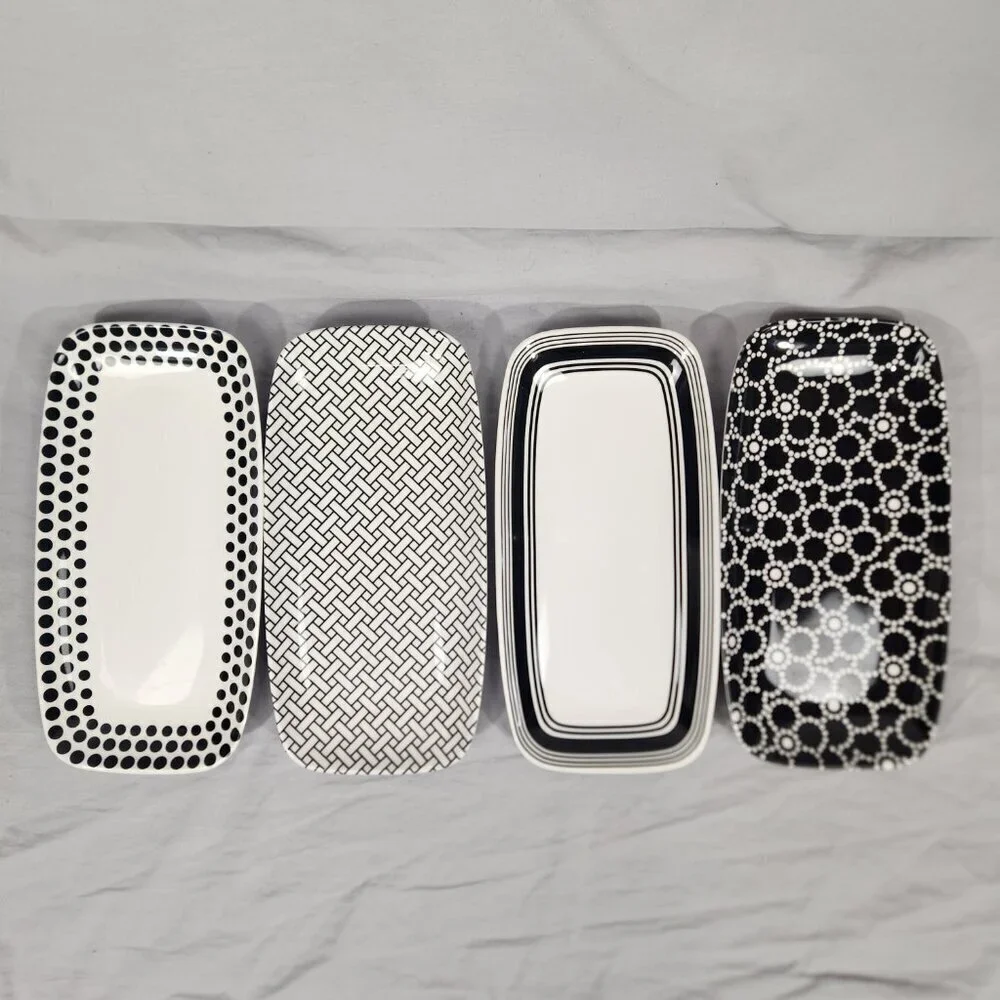 Tar Hong Rectangle Sushi Plates Set of 4 Black White Melamine Dishwasher Safe